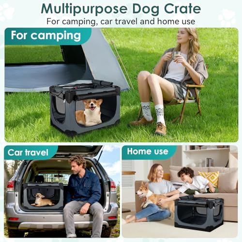 24 Inch Collapsible Soft Dog Crate for Small Dogs, Travel Dog Crate Grey | Portable Dog Crate Soft Sided, 4-sided Mesh Vents, Foldable with Storage Bag, Fit Small Dogs & Large Cats, Indoor/Outdoor