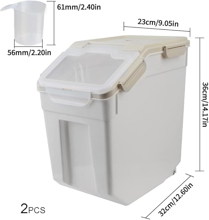 25LB Large Flour Storage Container Bin ,2 Pack Airtight Plastic with Wheels Seal Locking Lid Dispenser Organizer Storage Bin with Measuring Cup & Scoop for Flour, Rice, Grain 50LBS Total