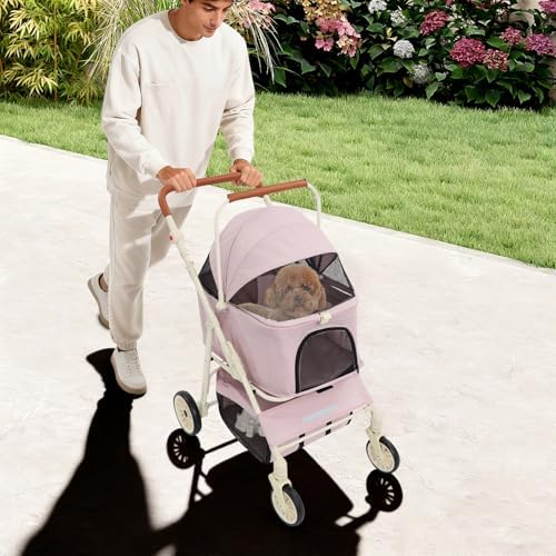 Foldable Pet Stroller Cart,Double Layer Dog&Cat Stroller for Pets (PK,PK) | Portable Pet Travel Cart with Storage, 360° Wheels & Safety Brake for Small Dogs, Cats, Outdoor Walks and Trips