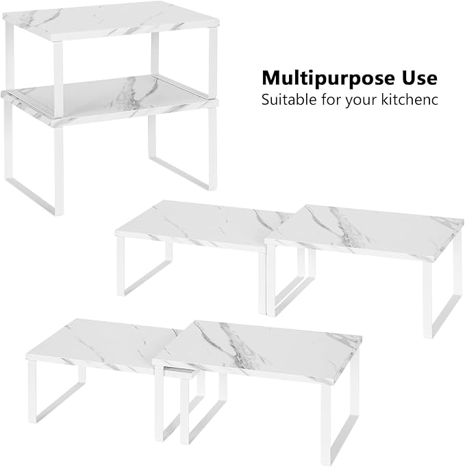 NEX Cabinet Organizer Shelf, Kitchen Counter Shelves Set of 4 | Stackable & Expandable Spice Rack, Space-Saving Pantry Organizers Bathroom Countertop Storage, White