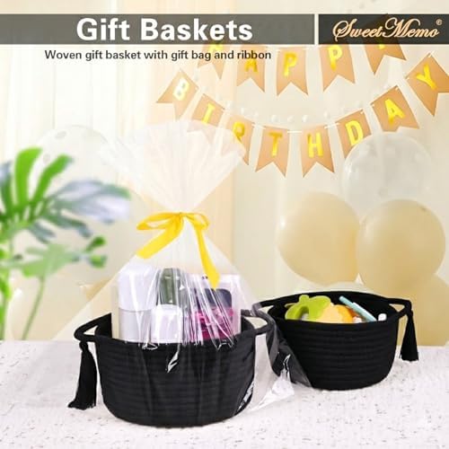 Small Gift Basket Empty to Fill with Gifts Bag & Ribbon, Black | Cute Decorative Mini Woven Rope Basket with Handles for Gifting; Reusable for Bathroom Counter or Desk Catchall, 8 x 4.7 in
