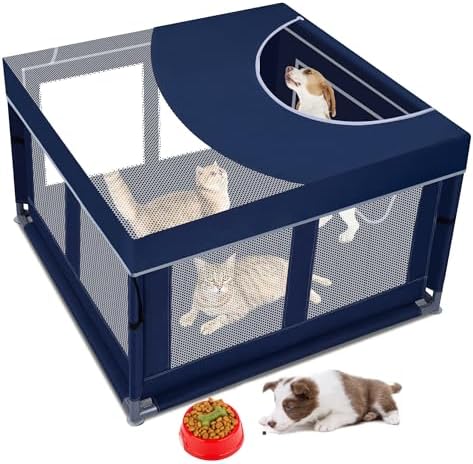 Dog Kitten Playpen with Play Pen Cover for Cat Indoor, 41 x41 x25.5 Puppy Playpen for Small Pet with See-Through Topper Proof Enclosed Door Dog Pen, Sturdy Warm Protable Play Pen for Cat