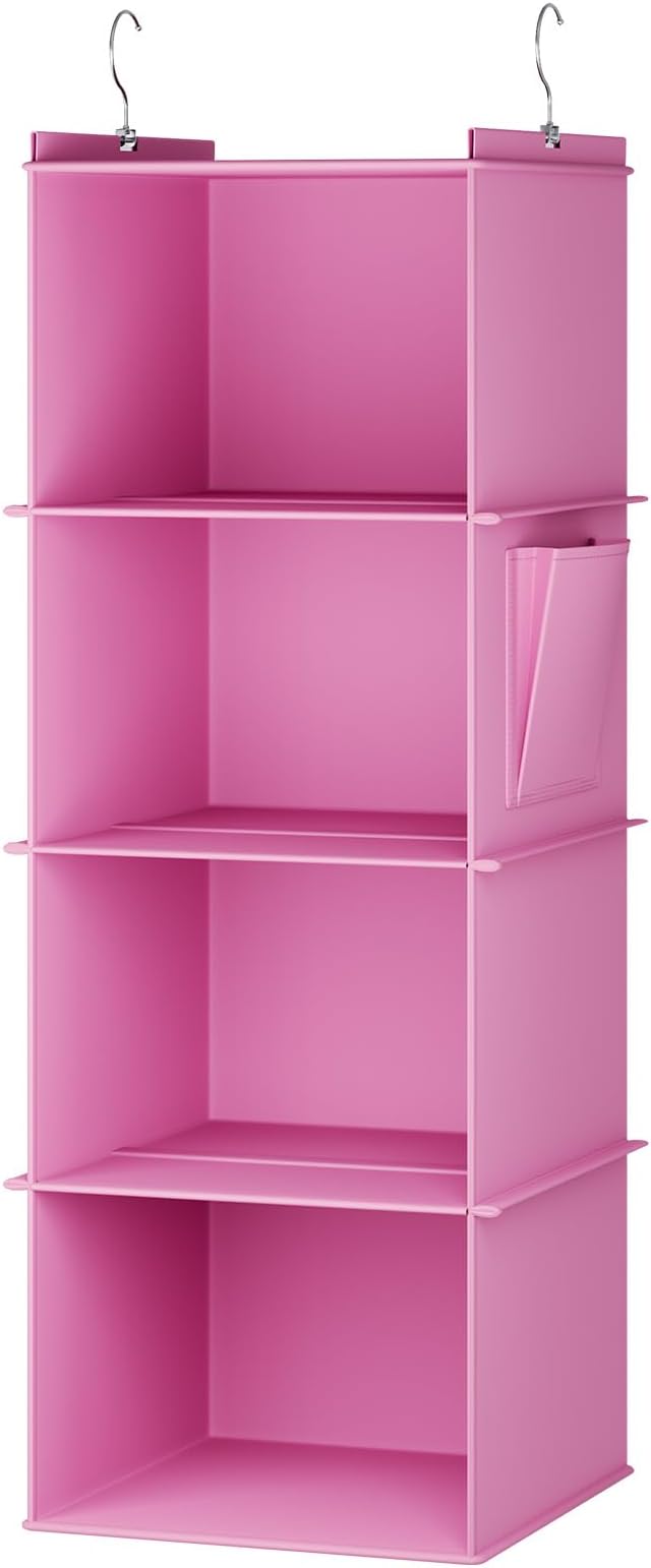 YOUDENOVA Hanging Closet Organizer and Storage, 4-Shelf, Light Pink | Locker/RV/Camper Organizer, Side Pocket, Hanging Shelves for Small Closet, Dorm Room Essentials for Guys, Breathable Fabric