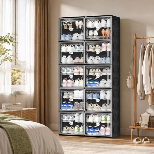 Black Shoe Storage Cabinet for 40 Pairs with Magnetic Clear Doors | Tool-free Assembly, Foldable Shoe Rack, Reinforecd Structure, Anti-Tiping, Furniture for Shoe Organizer, Closet, Garage