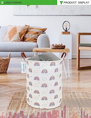 Round Laundry Basket Collapsible Storage Hamper Cloud Rainbow | Waterproof Canvas Foldable Baskets with sturdy Handles Multi-scene Organizer for Home Play Bedroom Gift Bin