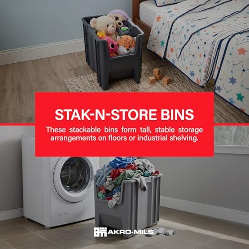 Akro-Mils Stak-N-Store Stackable Storage Bins, 17.5"x11"x12.5", Grey, 4-Pk