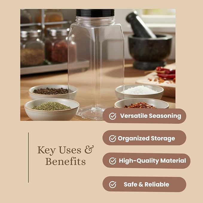Pride Of India Large Clear Plastic Spice Jars w/Dual Sifter Cap | Food Grade BPA Free USA Made | 32 Fluid Ounce Capacity (Pack of 3)