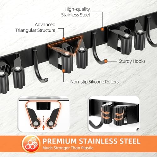 Broom Holder Wall Mount, Improved Non-slip Mop and Broom Holder Wall Mount, Heavy Duty Broom Hanger Organizer for Closet Laundry Garden Garage Storage (4 Racks 5 Hooks)