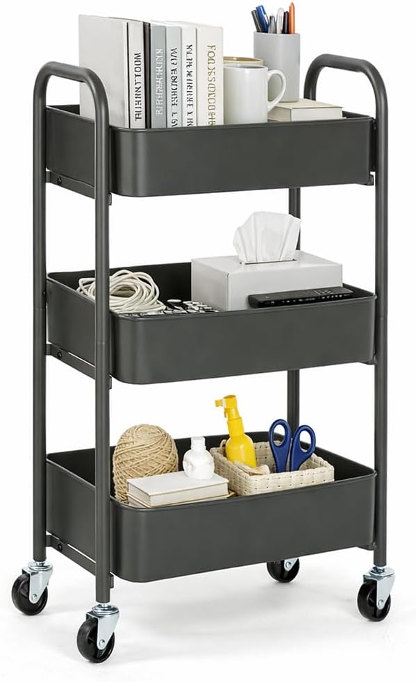 SunnyPoint 3-Tier Delicate Compact Rolling Metal Storage Organizer - Mobile Utility Cart Kitchen/Under Desk Cart with Caster Wheels (Gray, 15.35" X 10.24" X 26.8"H)