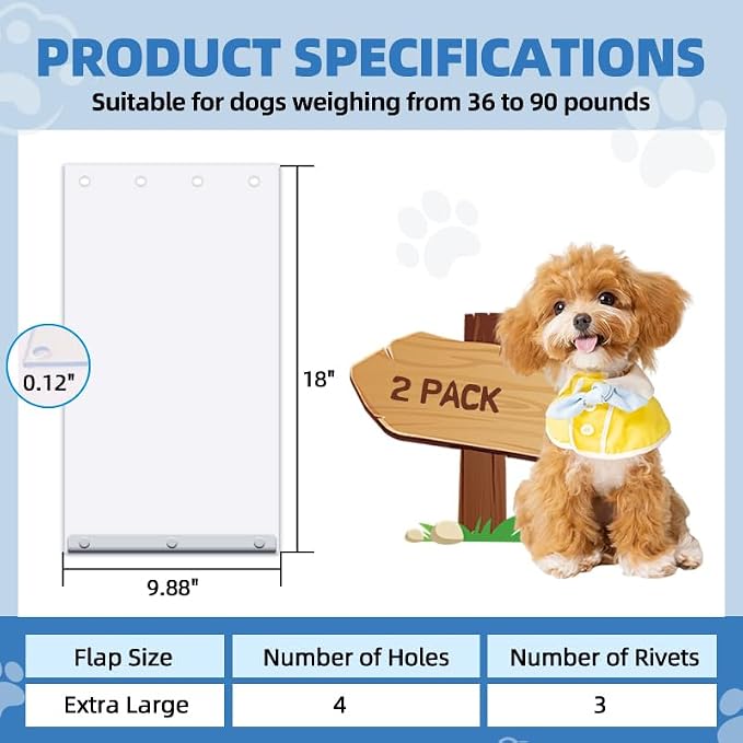 2 Pack XL Replacement Dog Door Flaps, Clear Pet Door Replacement Flap | Compatible with 18" x 9.88" Extra Large Dog Door, Weather Resistant Replacement Flap Fits Pets Up to 90 Lbs