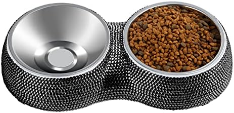 eing Dog Bowls Double Dog Water and Food Bowls Stainless Steel Bowls with Non-Slip Resin Station and Bling Rhinestones, Pet Feeder Bowls for Puppy Medium Dogs Cats Puppy Pets,Black