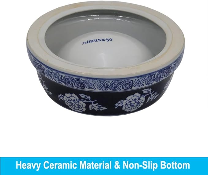 Aimusego Vintage Blue Ceramic Dog Bowls, Dog Food Feeding Dish for Medium Dogs Cats, Heavy Chinoiserie Porcelain Pet Bowl for Water,Durable & Easy to Clean-9inch