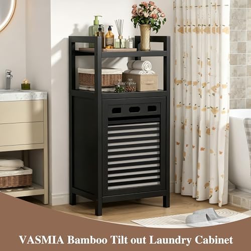VASMIA Tilt Out Laundry Hamper,Bamboo Laundry Storage Cabinet with Shelf,10 Gal Hidden Laundry Basket Organizer for Bathroom,Laundry Room,Black
