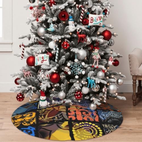 Christmas Tree Skirt, Soft Polyester Xmas Tree Skirts with Ribbon Ties, Rustic Farmhouse Holiday Party Decorations Imitation of A Tribal Background Pattern. 30"