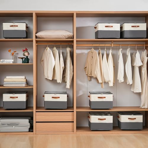 INSTY 2 Pack Shoe Organizer for Closet, Fits up to 32 Pairs, Adjustable Dividers for Shoe Storage, Fabric Shoe Storage Bins with Clear Cover, Beige and Grey