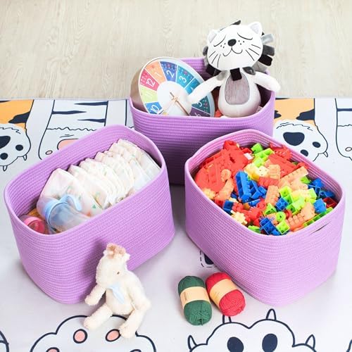 MINTWOOD Design 3-Pack Storage Baskets for Shelves, Decorative Baskets for Organizing, Woven Baskets for Storage, Book Basket Cube Storage Bin Box, Pantry Closet and Shoe Organizers, Lilac Purple