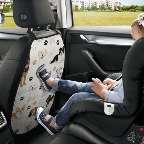 Car Seats Back Protector 2 PCS - Cute Dogs | with 3 Storage Pockets, Shield Seats From Dirt, Mud Scratches, Fits Cars SUVs Trucks and Jeeps