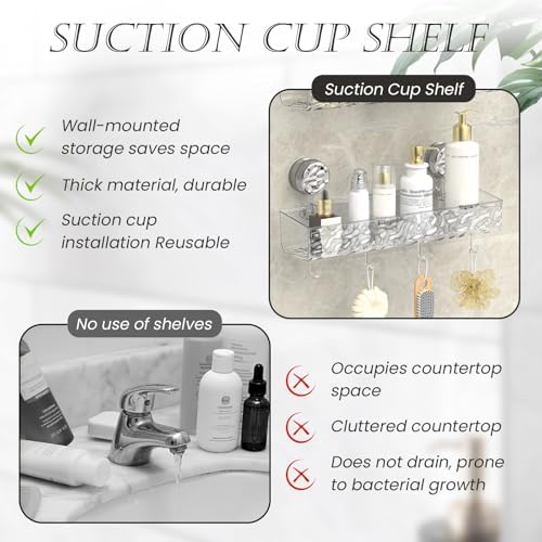 Huakaile 15''/38.2 CM Corrugated Suction Cup Storage Holder Shelf, Wall-Mounted Suction Shower Caddy with Drainage Holes & 4 Hooks No Drill Movable Rack Organizer for Bathroom Kitchen (Clear)