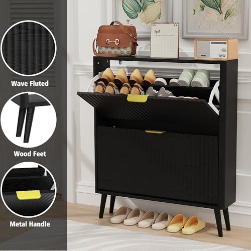 KIGOTY Narrow Shoe Storage Cabinet, Shoe Cabinet with 2 Flip Drawers, Freestanding Shoe Organizer with Legs for Entryway, Slim Shoe Rack Cabinet for Enterway (Black-Gold, 2 Flip Drawer)