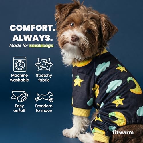 Fitwarm Moon and Stars Dog Fleece Pajamas, Cozy Winter Clothes for Small Dogs Boy Girl, Funny Pet Outfit, Black, Yellow, Small