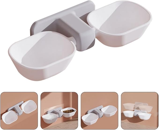 Beavorty Wall-Mounted Pet Feeder Bowl Set, Plastic Double Food and Water Bowls with Neck Protection, White Non-Spill Dish for Indoor Cats