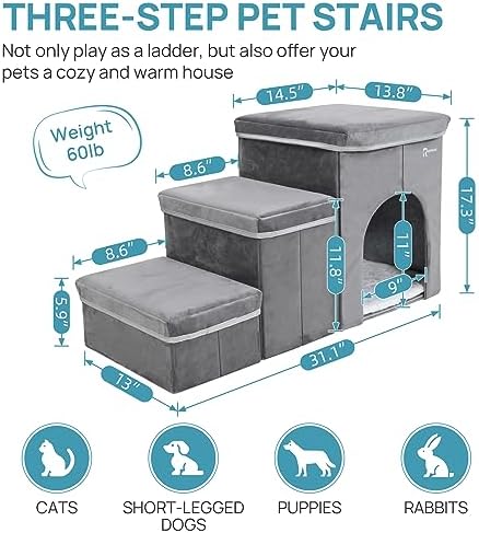 Foldable Pet Stairs with Cozy House & Storage