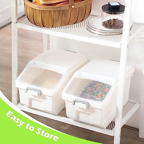 Sunnyray 4 Pcs Rice Storage Containers Bulk Flour Sugar Container Wheels Measuring Cups Set Airtight Pet Dog Cat Birds Food Bin Grain Cereal Organizer Box for Dry Baking(White,22 lb)