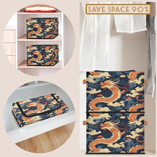 Japanese Dragon Animal Storage Bins with Zipper Lid Foldable Fabric Organizer Box with Handles Rectangular Closet Clothes Organizer Containers