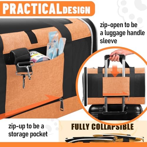 GAPZER Large Cat Carrier Soft, Collapsible Travel Pet Carry Bag, Small Dogs | Large Kitty Cat 20 lbs Maine Coon, Top Load Transport Small Puppy Dog Kennel, Yorkie Little Dog 10lbs, Sturdy Fabric Orange