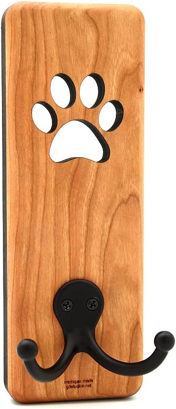 Solid Cherry Wood Dog Leash Holder with Paw Cutout – Wall Mount Key & Leash Hanger Rack, 7.75” x 2.5”