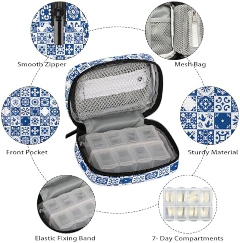 Pill Organizer Box Navy Blue Ethnic Boho 7-Day Weekly Medicine Pill Case Travel Pill Container Portable Pill Holder Storage Purse Bag Small Compact Size for Vitamin Supplement Birth Control