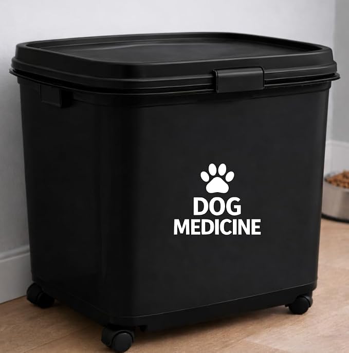 Dog Medicine Vinyl Decal – Waterproof Storage Label Sticker for Pet Supply Bin Organizer (White)