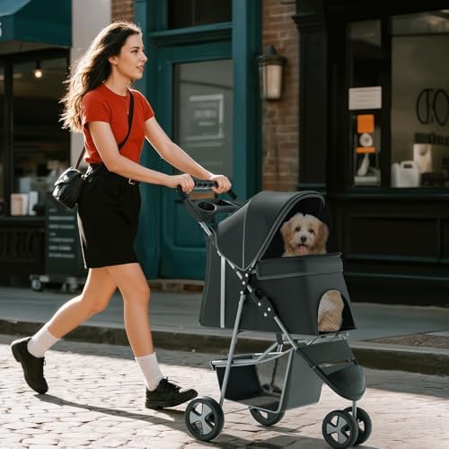 Foldable 3-Wheel Pet Stroller for Dogs & Cats, Black Polka Dots | Storage Basket & Cup Holder, Breathable Mesh Cover, Lightweight and Durable, for Small to Medium Pets, up to 33 lbs