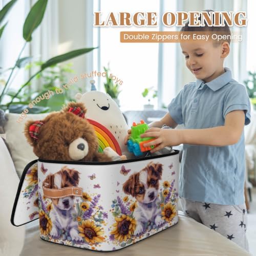 Cute Puppy Dog Sunflower Storage Box with Zipper Lid | Collapsible, Fabric, Storage Bin, Handle, Large, Closet Organizer, Containers, Bedroom, Home, Floral