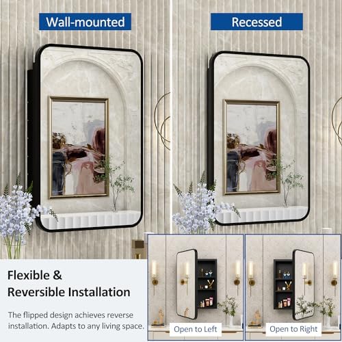 ACEMIRO 24x30 Inch Bathroom Medicine Cabinet with Mirror Black Metal Framed Farmhouse Recessed or Surface Wall Mounted Black Medicine Cabinets for Bathroom