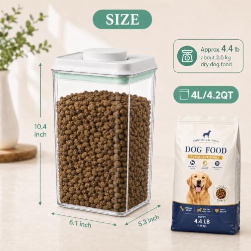 Pet Dog-Cat Airtight Food Storage-Container - 4.2Qt/4L jar with lid and 1/4Cup scoop | Holds 3–5 pounds of dry pet food | BPA-Free