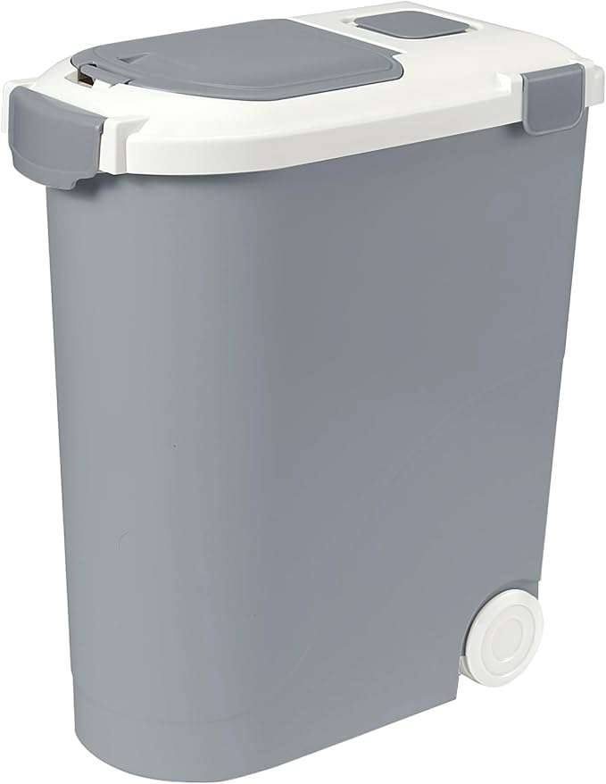 Ashfield & Harkness Airtight Pet Food Storage Container, Holds 30lbs | Grey BPA-free HDPE bin with silicone seal, measuring scoop on lid, snap latch - fits dogs, cats & more