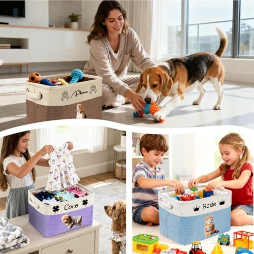 Custom Dog Toy Basket with Name Photo, Personalized Toys Clothing Storage Bins for Dogs Cats Pet,Collapsible Doggy Box Customized for Toy Food Purple