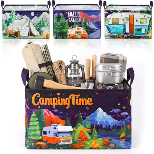 Breling 4 Pcs Camping Storage Baskets with Handles Black Night Camping Laundry Hamper Large Collapsible Bonfire Woodland Theme Baskets Storage Bins Boxes for Outdoor Lake Camp, 15 x 10 x 8 Inch