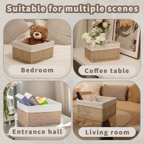 GYASVWU Hand-Woven Paper Rope Storage Baskets,Rectangular Wicker Baskets for Organizing,Decorative Woven Basket for Storage,Shelf Basket for Living Room,Storage Baskets for Pantry (Beige - Small)