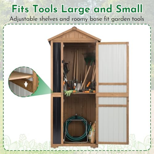 Ketive Outdoor Storage Cabinet 70 Inch, Wooden Vertical Garden Tool Storage Shed with Adjustable Shelves, Waterproof Roof, Lockable Doors, Small Backyard Utility Cabinet for Patio Garage