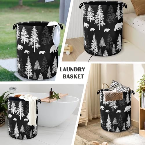 Bear Forest Laundry Basket,Winter Foldable with Handles Tote Bag Oxford Cloth for Bathroom Bedroom Dirty Clothes Storage Bucket 16" x 20.8"