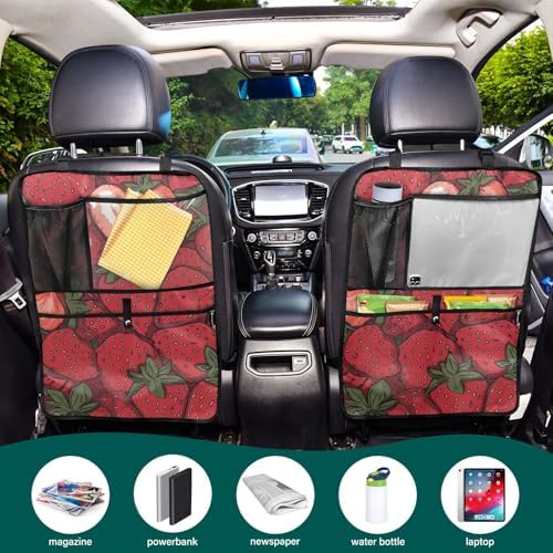 2 Pack Back Seat Car Organizer with Storage Pockets Kick Mats Back Seat Protector Hanging Car Organizer Automotive Seat Back Cover Organizers Cartoon Red Strawberry
