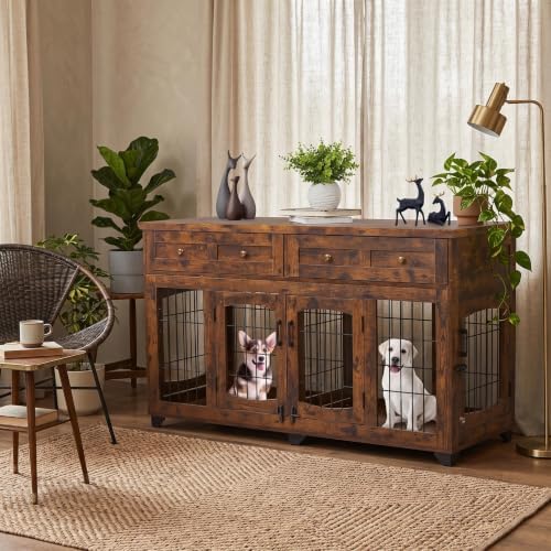 Large Dog Crate Furniture 58" with 2 Drawers & Divider | Heavy-Duty Wood Frame; Detachable Divider; Fits Two Dogs; Sturdy & Chew-Resistant; Easy Assembly; For Living Room Or Bedroom