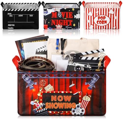 Breling 4 Pcs Movie Night Gift Baskets with Handles Movie Night Supplies Theater Clapboard Popcorn Large Collapsible Storage Bins Boxes for Gifts Snacks Wardrobe Shelves Home Storage, 15 x 10 x 8 Inch