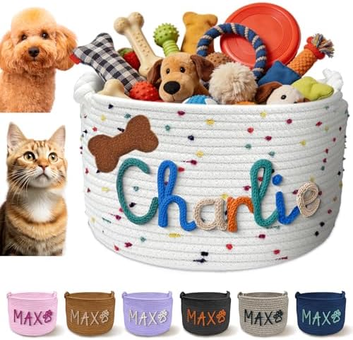 Personalized Dog Cat Basket Custom Embroidery Name Storage Bin Handmade Woven Cotton Rope Organizer for Pet Supplies Toys Blankets Clothes