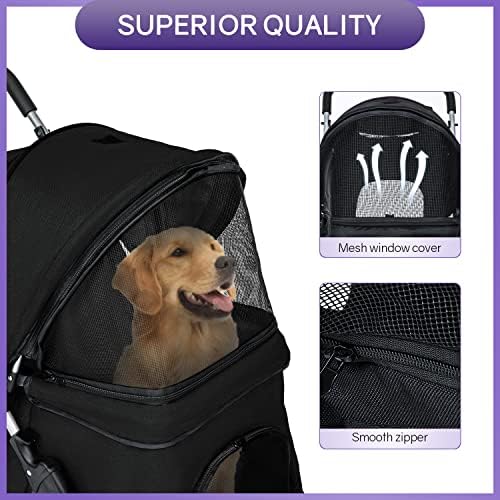 BestPet | 4-Wheel Foldable Pet Stroller | Black | Lightweight & Portable | Travel Carrier with Mesh Windows, Storage Basket, Cup Holder, Safety Brakes, and Waterproof Fabric | For Small Dogs and Cats