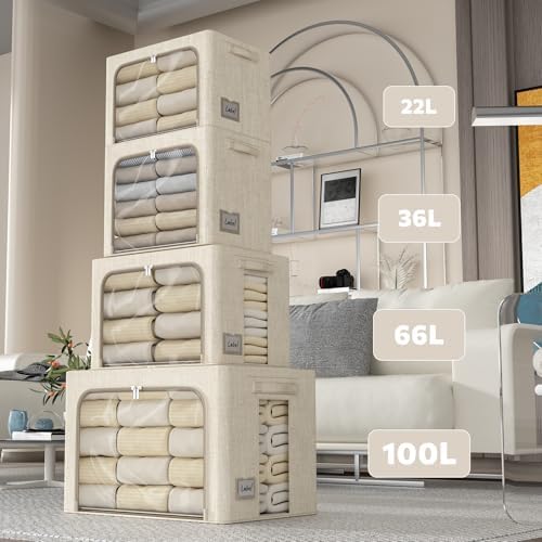 FHSQX 6 Pack Clothes Storage Bins with Metal Frame Foldable Storage Bins for Clothes Linen Fabric Storage Box with Clear Window (Beige, 19.7x15.7x13inch(66L))