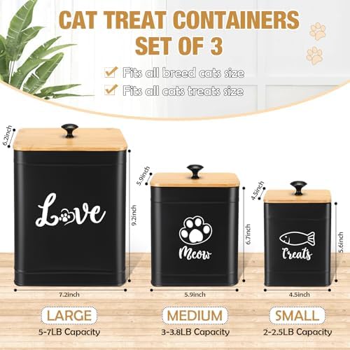 Jingmore Metal Airtight Cat Food Containers Set of 3 with Bamboo Lids and Spoon 7+3+2 Lbs Cat Treat Storage Container Countertop with DIY Labels Pet Cookie Organizer Jars for Kitchen Counter(Black)
