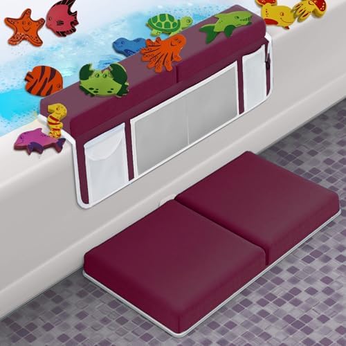 Supa Ant Bath Kneeler –8 Suction Cups & 1.5" Padding.Certified Non Toxic Bath Kneeling Pad for Bath Tub & 5 Bath Toy Organizer. Fast Dry Baby Bath Kneeler and Elbow Rest Pad Set Bordeaux